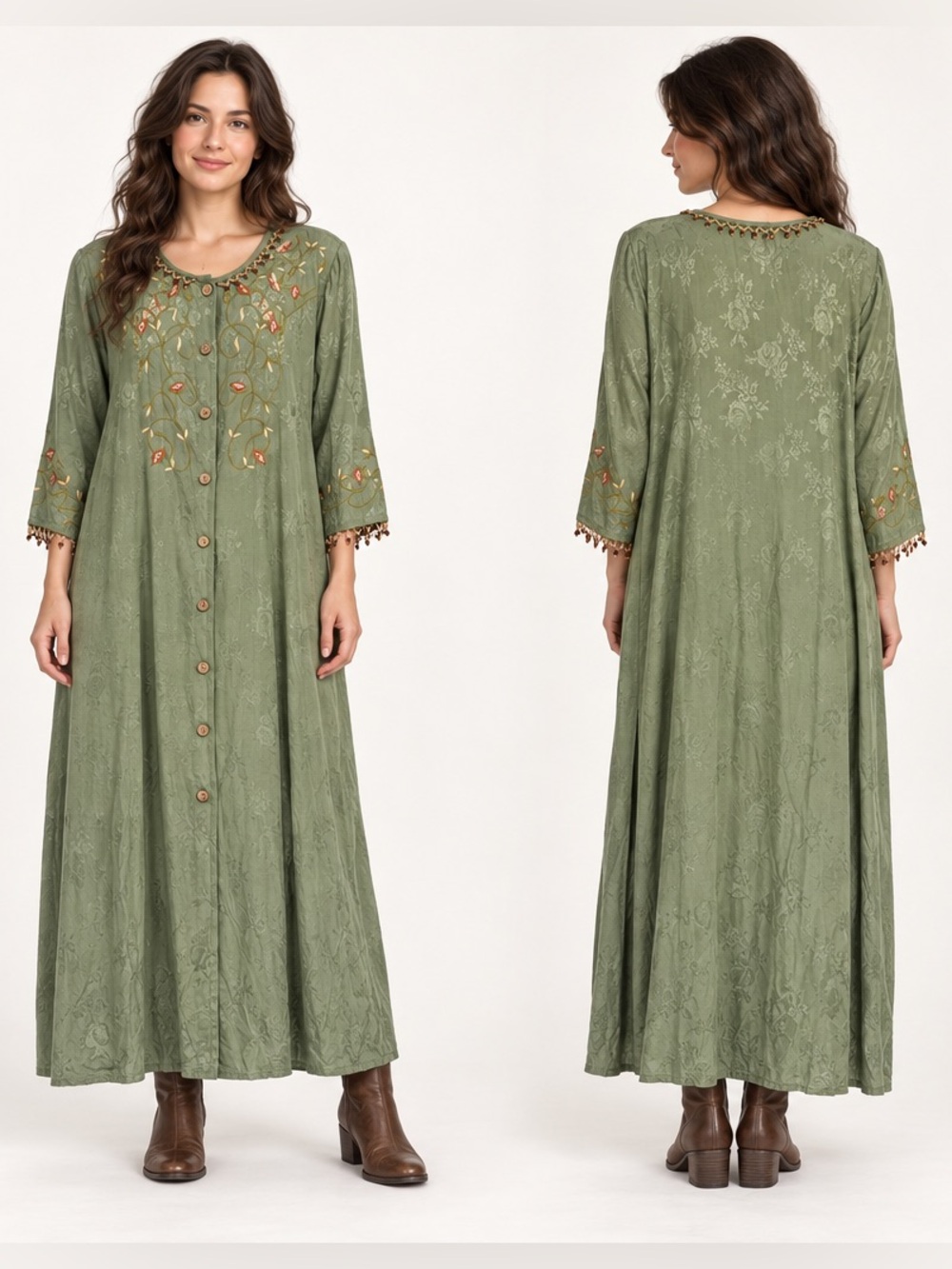 Vintage April Cornell Sage Green Embroidered Beaded Maxi Duster Dress Small 90s